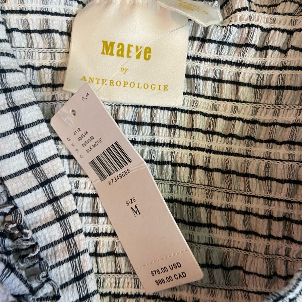Anthropologie Maeve Black and White Smocked Ruffle Sleeve Top - Picture 2 of 2